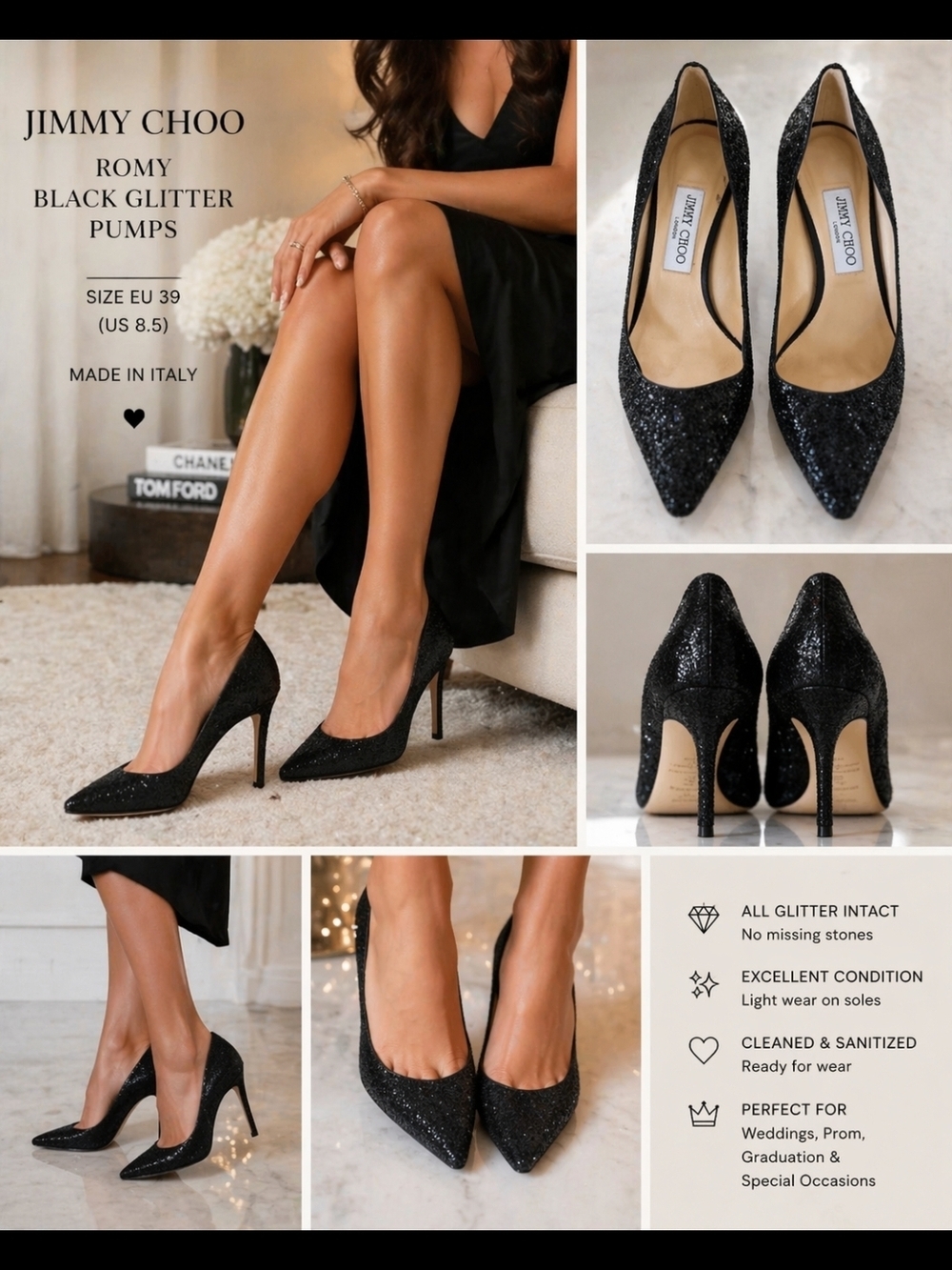 Jimmy Choo Black Glitter Pumps EU 39 US 8.5 Wedding Prom Graduation Heels - Picture 10 of 12